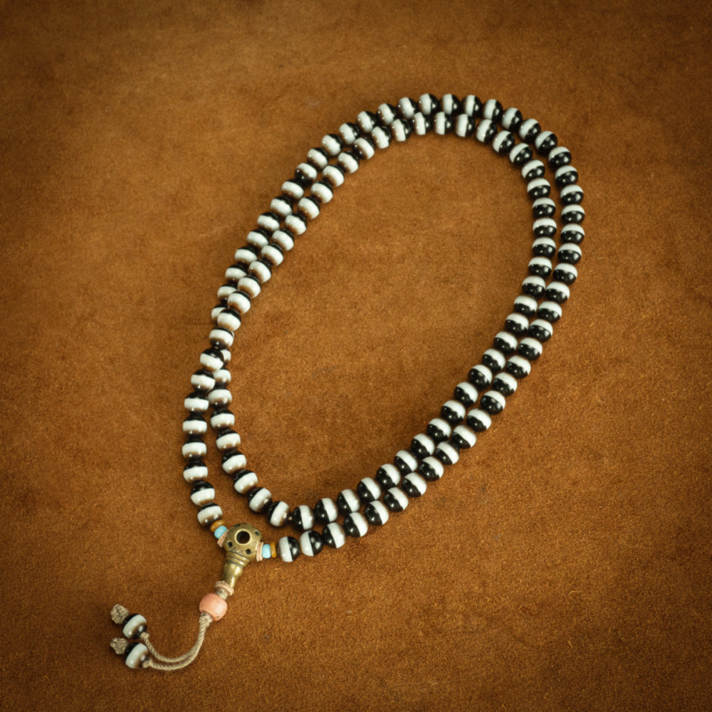 Sacred 108 Beads Black & White Tibetan Mala Necklace for Healing and Balance