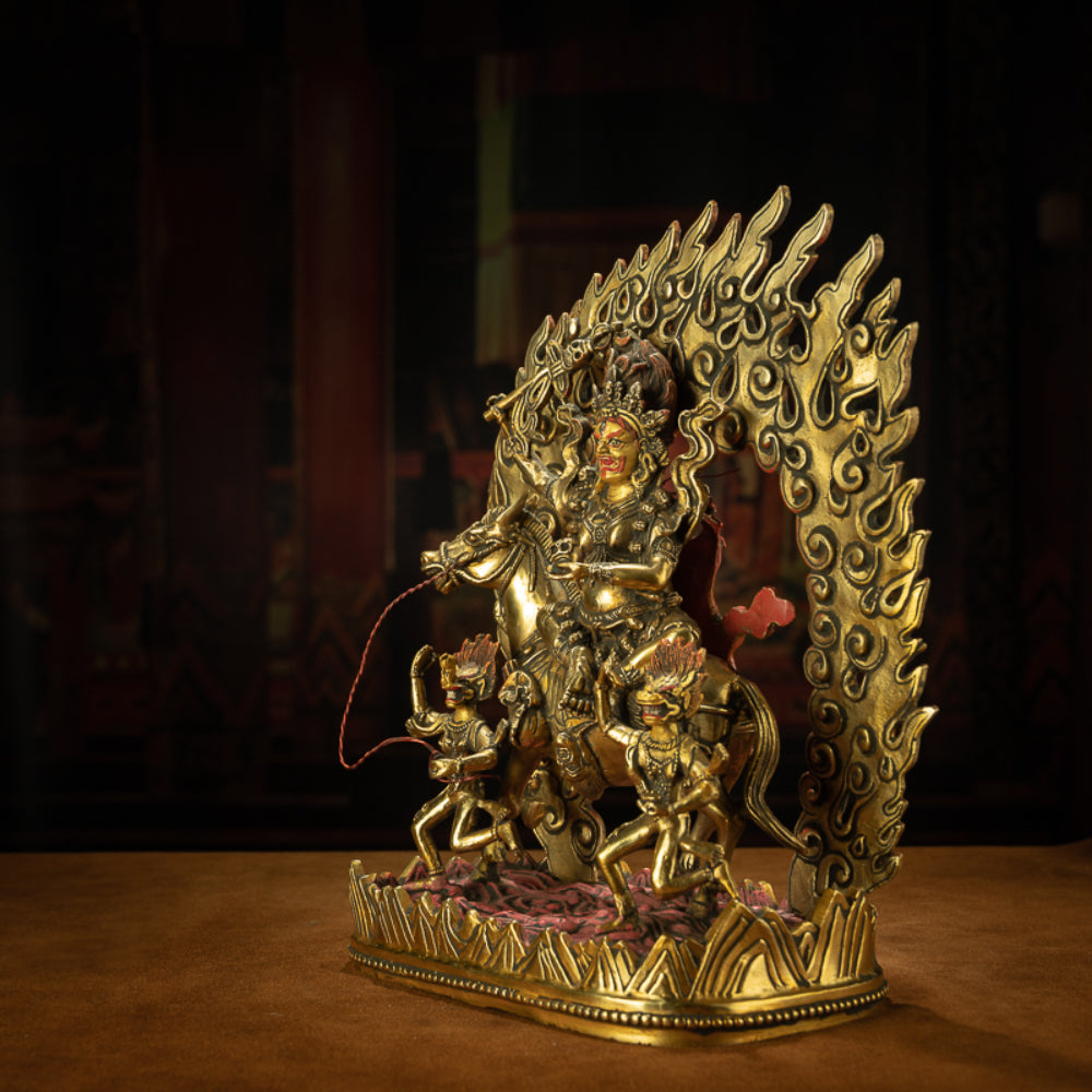 Golden Mahakala Goddess with Sacred Horse Statue for Protection & Strength