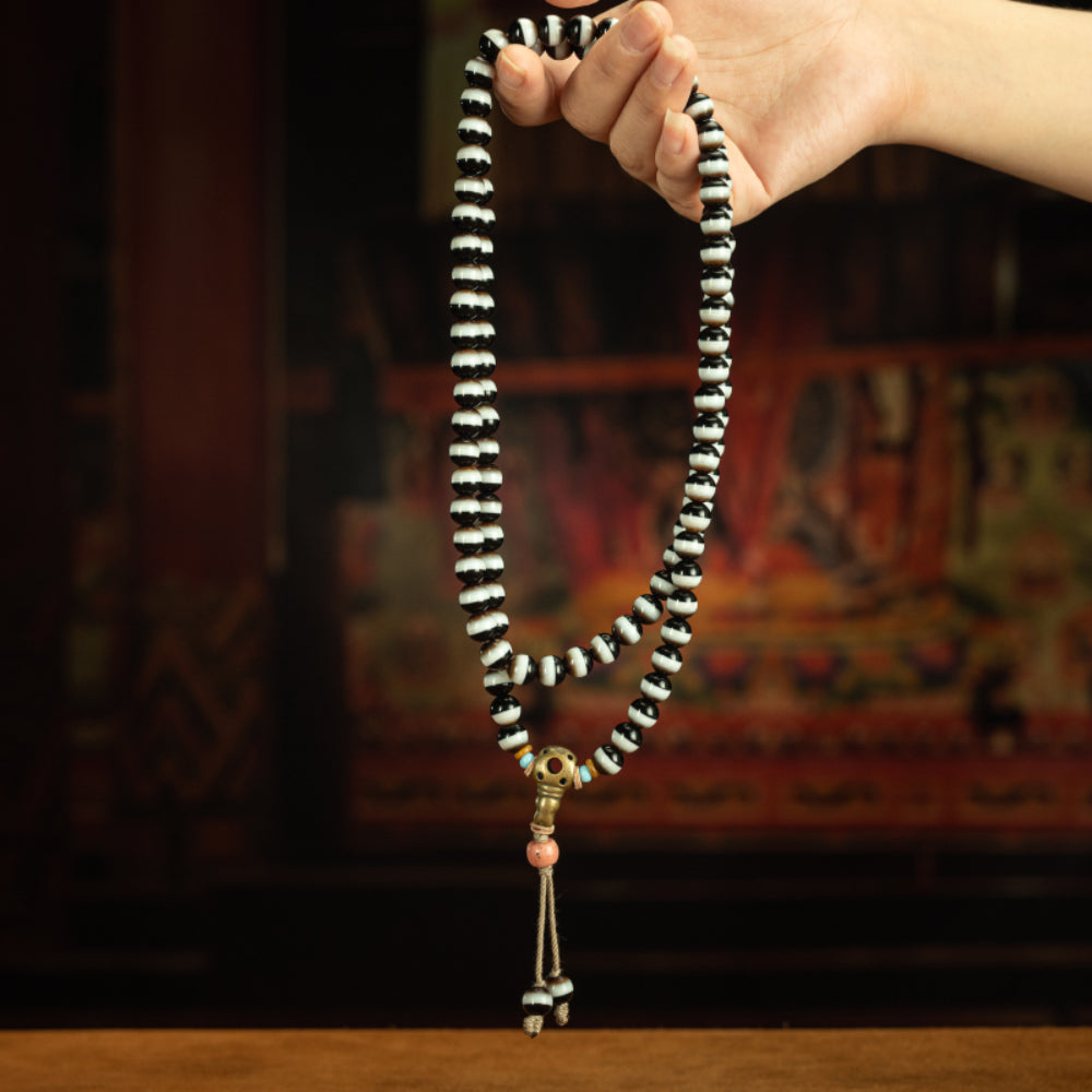Sacred 108 Beads Black & White Tibetan Mala Necklace for Healing and Balance