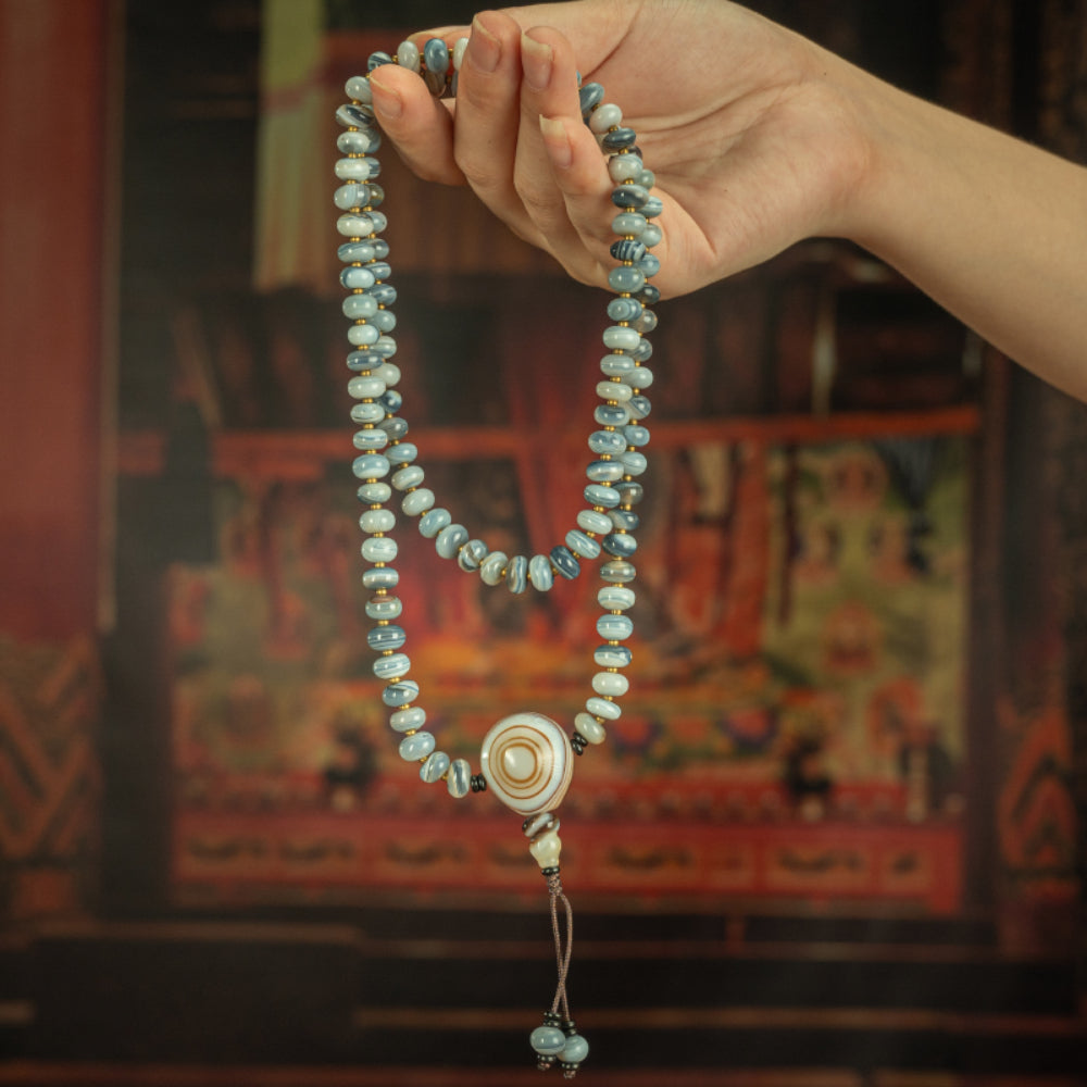 Blue Striped Agate 108 Beads Medicine Buddha Mala Necklace for Healing and Protection