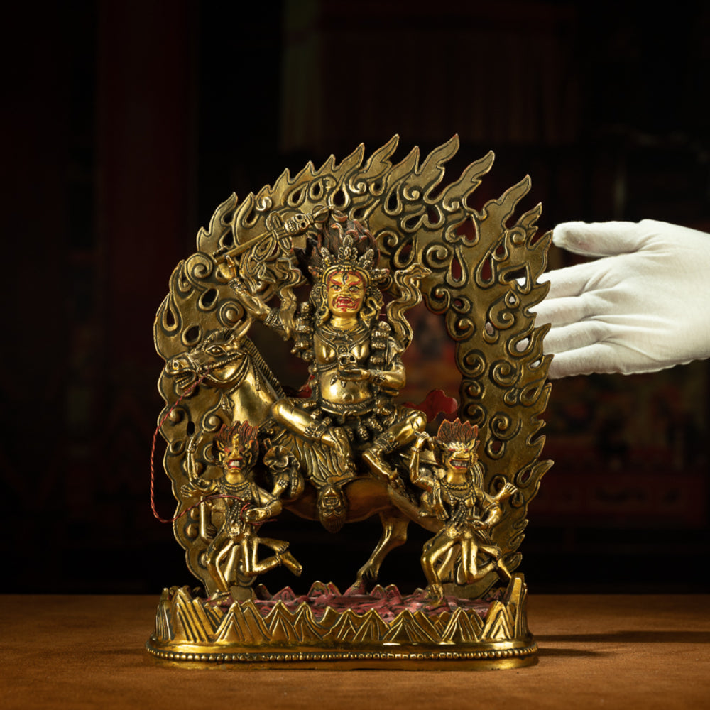 Golden Mahakala Goddess with Sacred Horse Statue for Protection & Strength