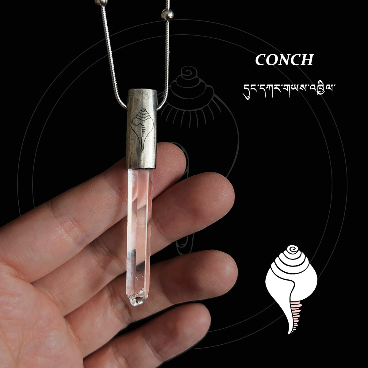 Eight Blessings from Tibet Spiritual Amulet Pendant in Sterling Silver & Crystal Quartz