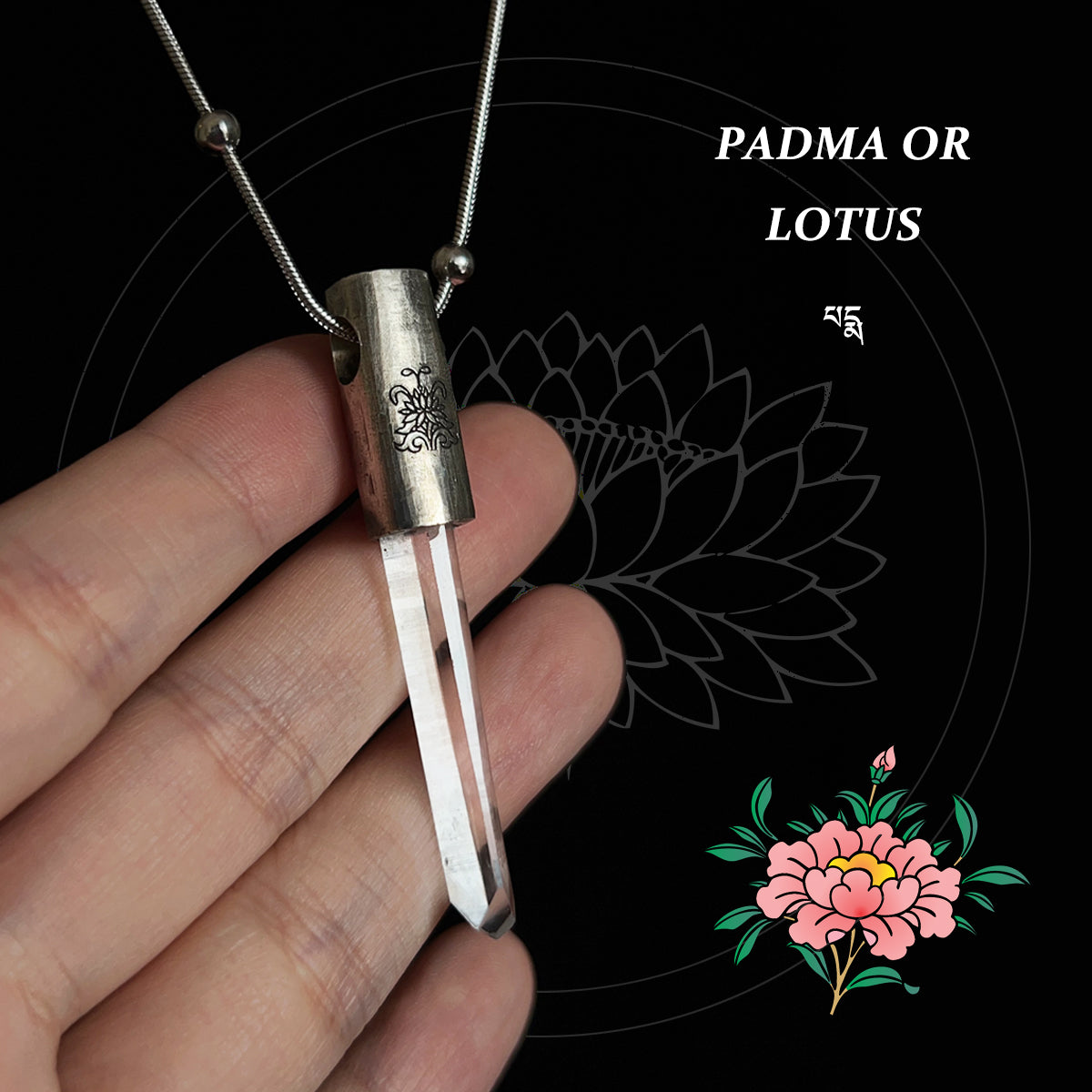 Eight Blessings from Tibet Spiritual Amulet Pendant in Sterling Silver & Crystal Quartz