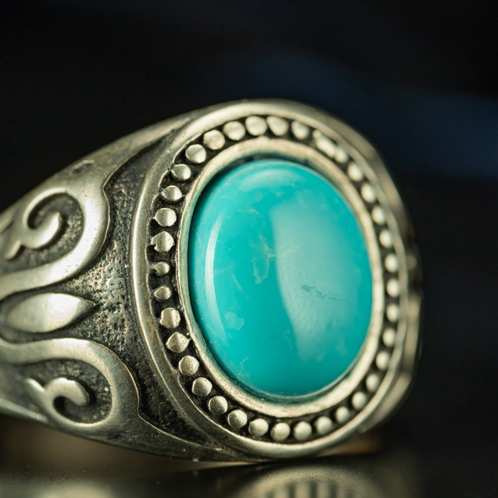 High-Density Natural Turquoise Adjustable Sterling Silver Ring for Spiritual Healing