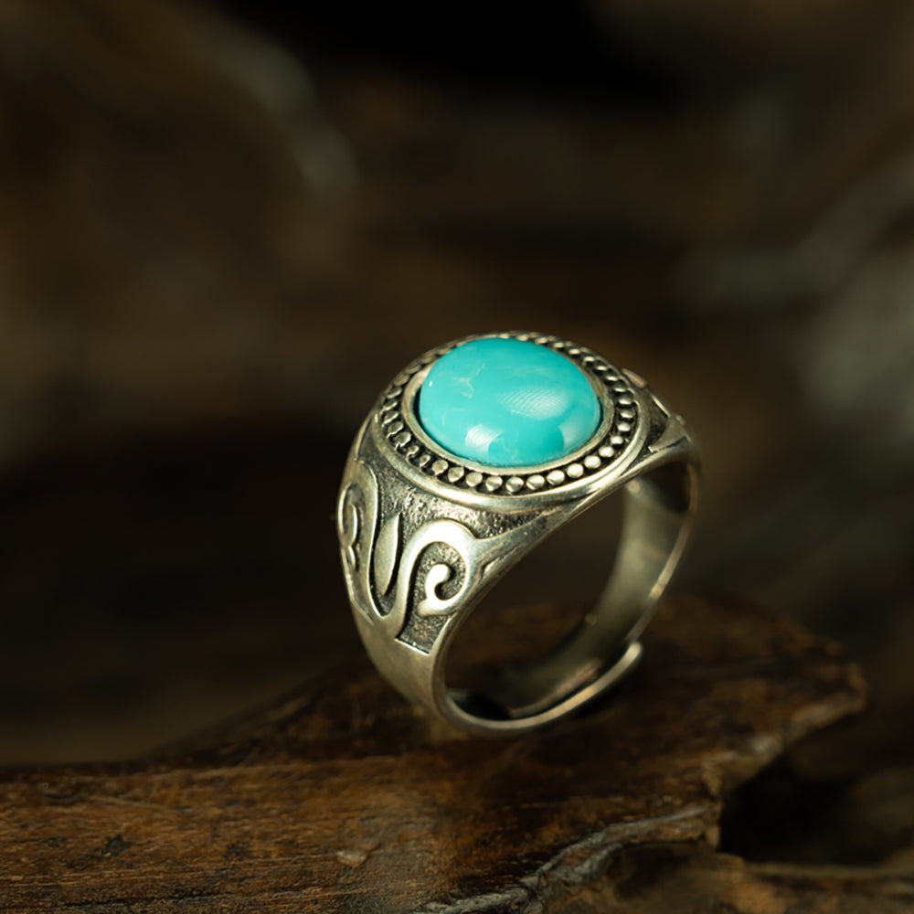 High-Density Natural Turquoise Adjustable Sterling Silver Ring for Spiritual Healing