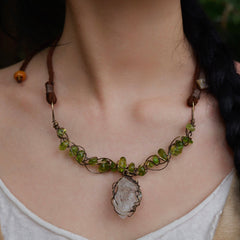 Earth’s Essence Handcrafted Green Peridot & Crystal Necklace