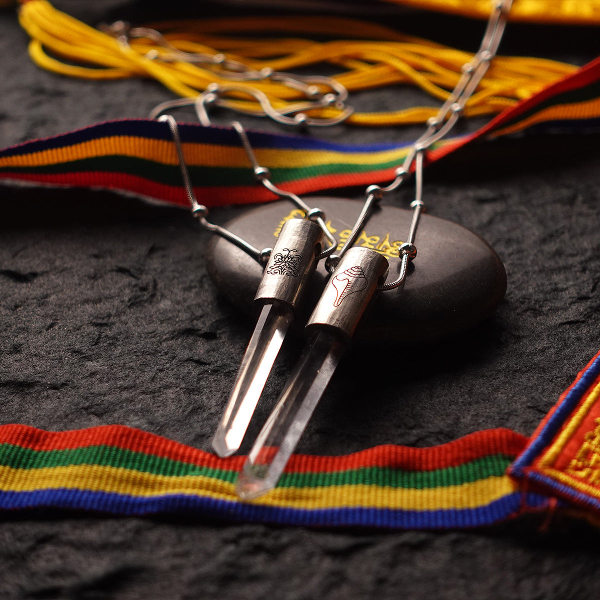 Eight Blessings from Tibet Spiritual Amulet Pendant in Sterling Silver & Crystal Quartz