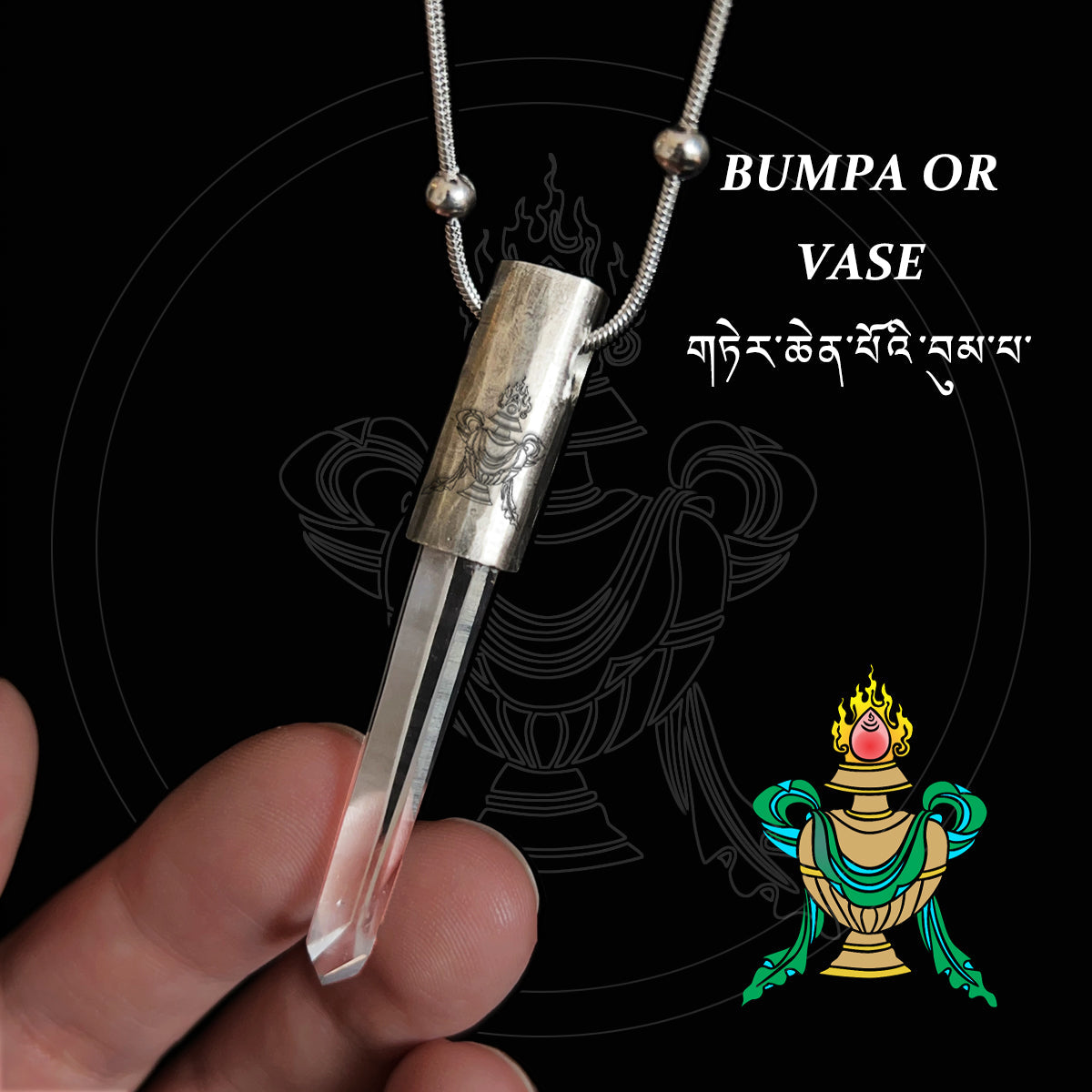 Eight Blessings from Tibet Spiritual Amulet Pendant in Sterling Silver & Crystal Quartz