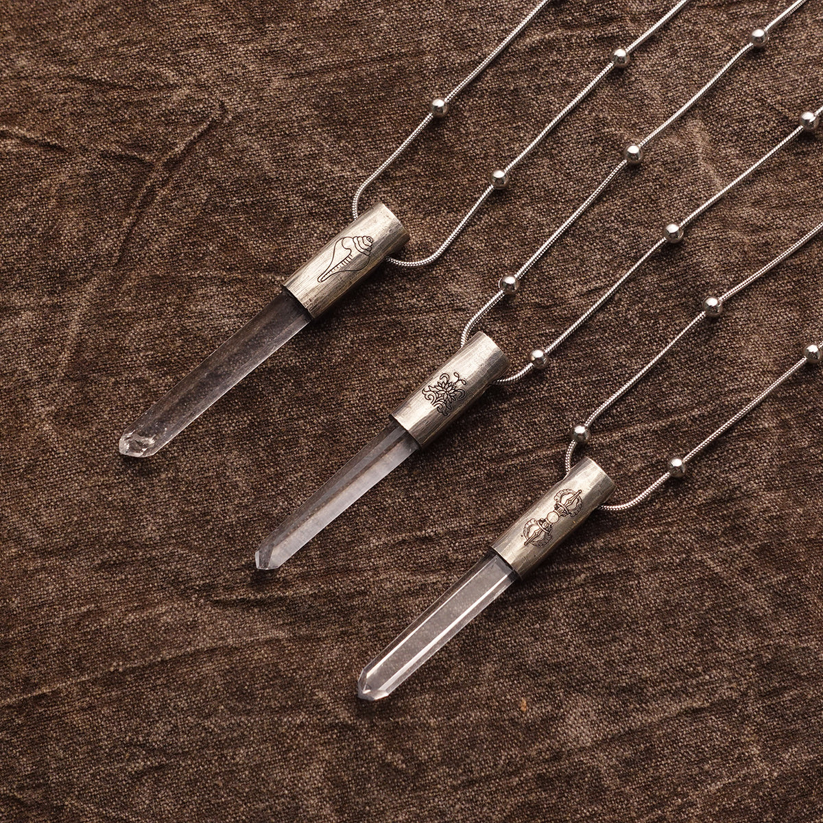 Eight Blessings from Tibet Spiritual Amulet Pendant in Sterling Silver & Crystal Quartz