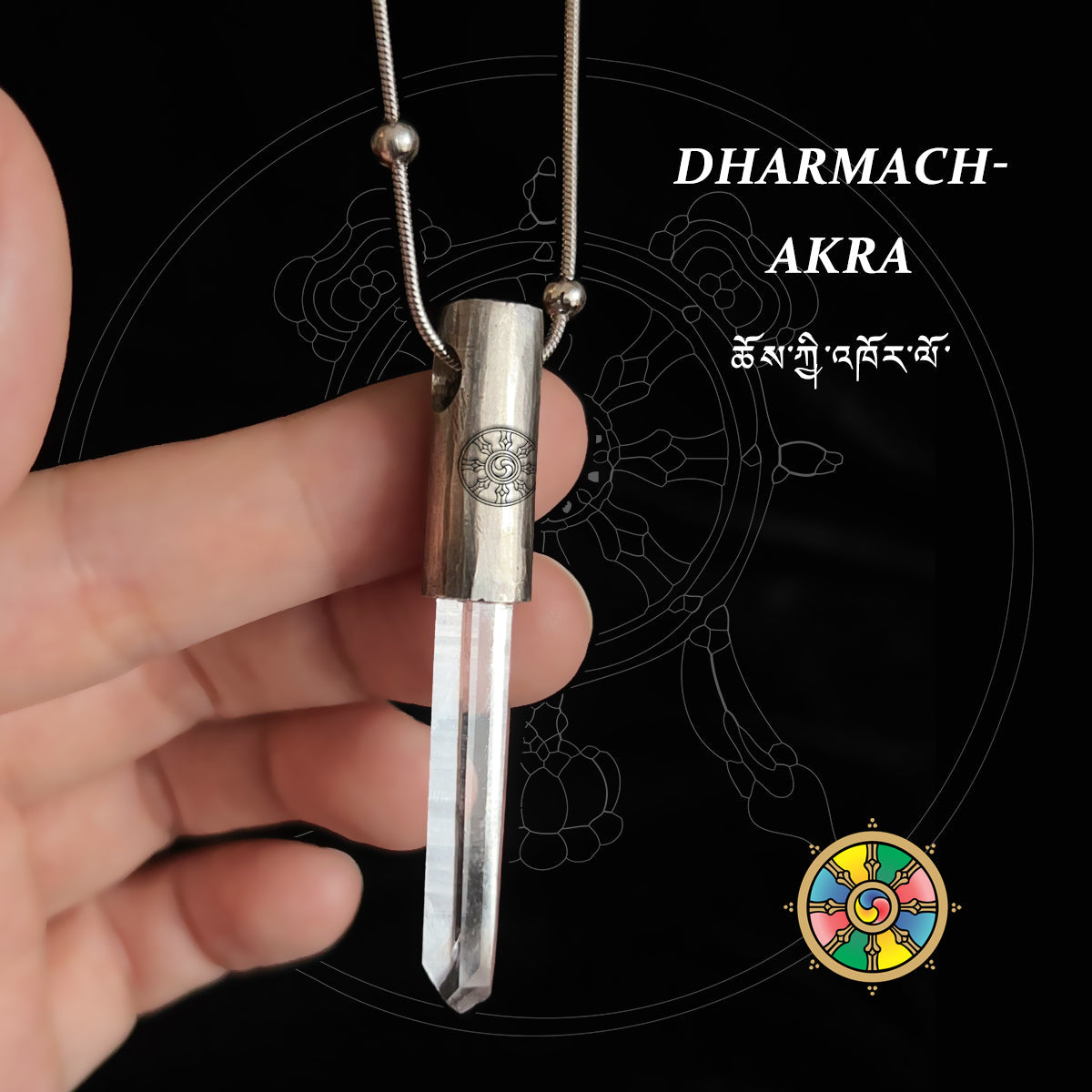 Eight Blessings from Tibet Spiritual Amulet Pendant in Sterling Silver & Crystal Quartz