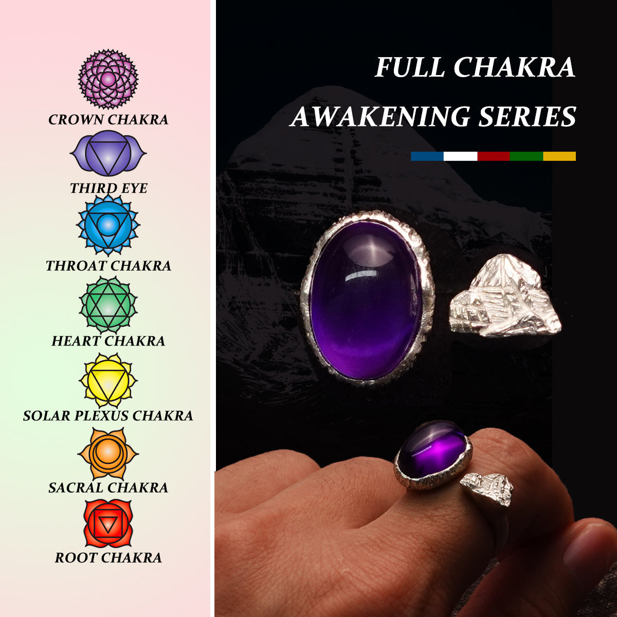 KAILASH ENERGY Chakra Awakening Ring Seven Chakra Gemstone 925 Sterling Silver Adjustable