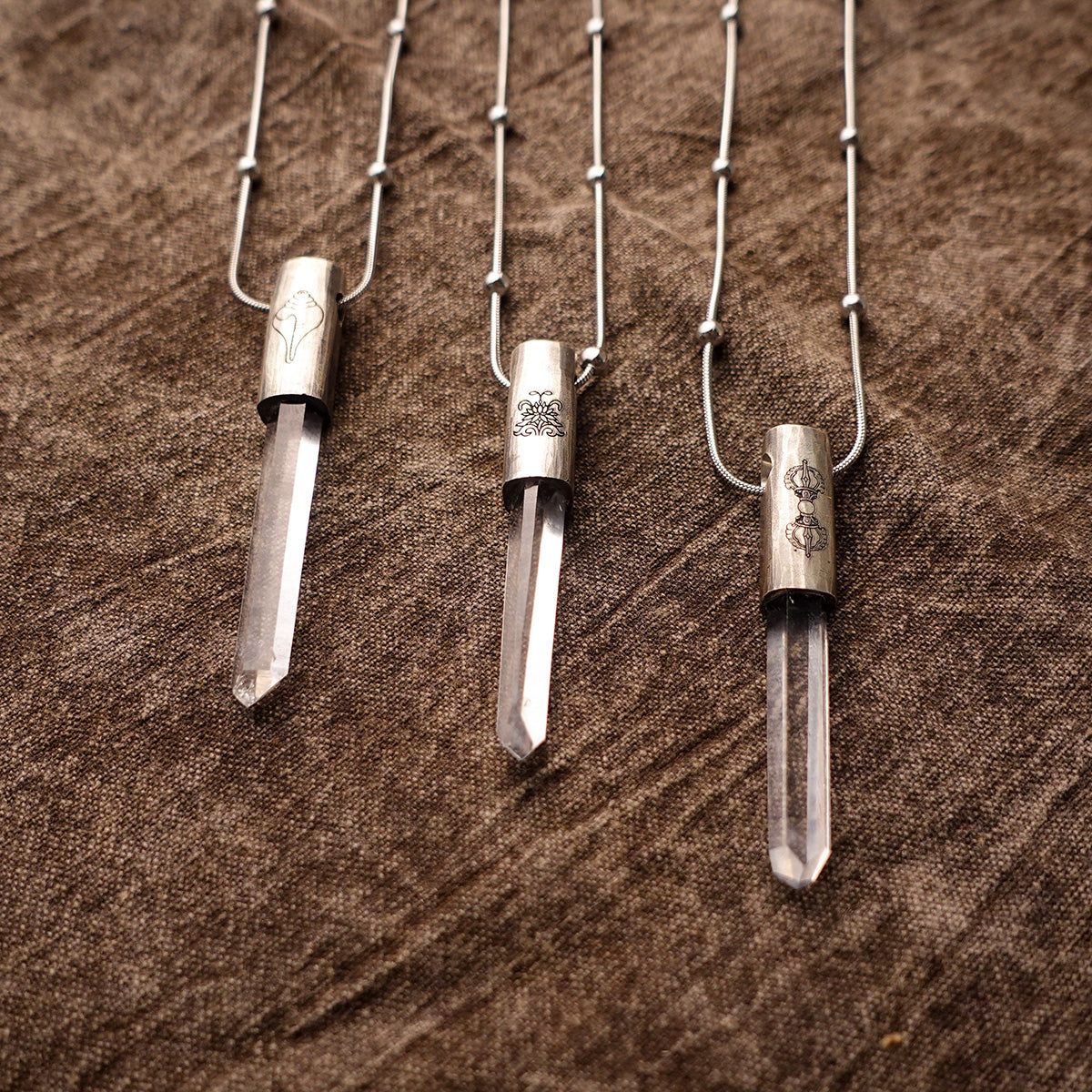 Eight Blessings from Tibet Spiritual Amulet Pendant in Sterling Silver & Crystal Quartz