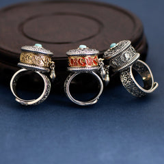 Tibetan Blessing Prayer Wheel Ring – Silver and Turquoise Spinner