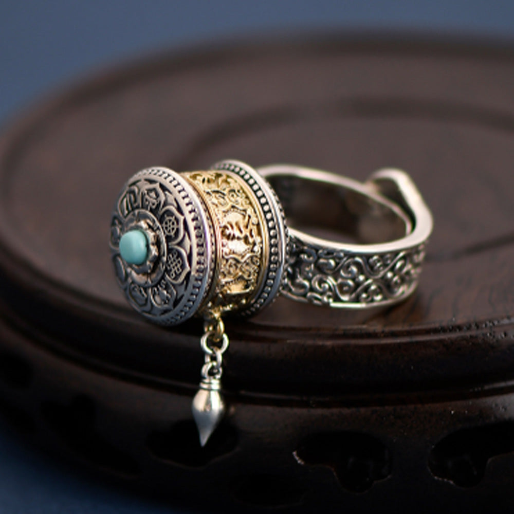 Tibetan Blessing Prayer Wheel Ring – Silver and Turquoise Spinner
