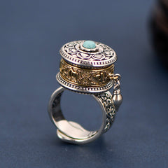 Tibetan Blessing Prayer Wheel Ring – Silver and Turquoise Spinner