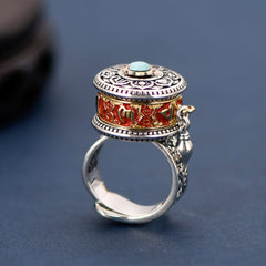 Tibetan Blessing Prayer Wheel Ring – Silver and Turquoise Spinner
