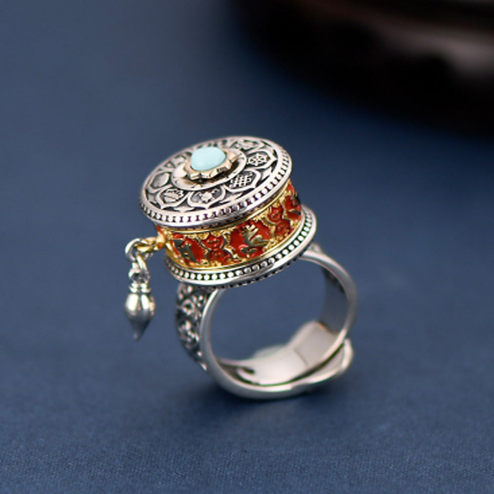 Tibetan Blessing Prayer Wheel Ring – Silver and Turquoise Spinner