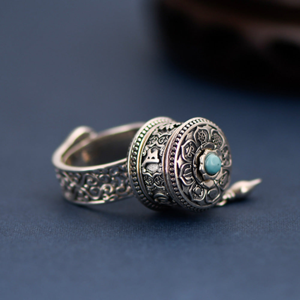 Tibetan Blessing Prayer Wheel Ring – Silver and Turquoise Spinner