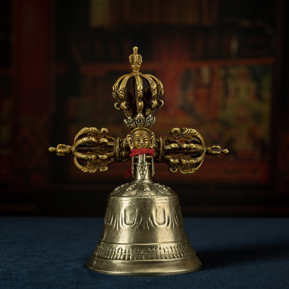 19th Century Tibetan Ritual Bell and Vajra - Copper 9-Prong Thunderbolt Protection Bell