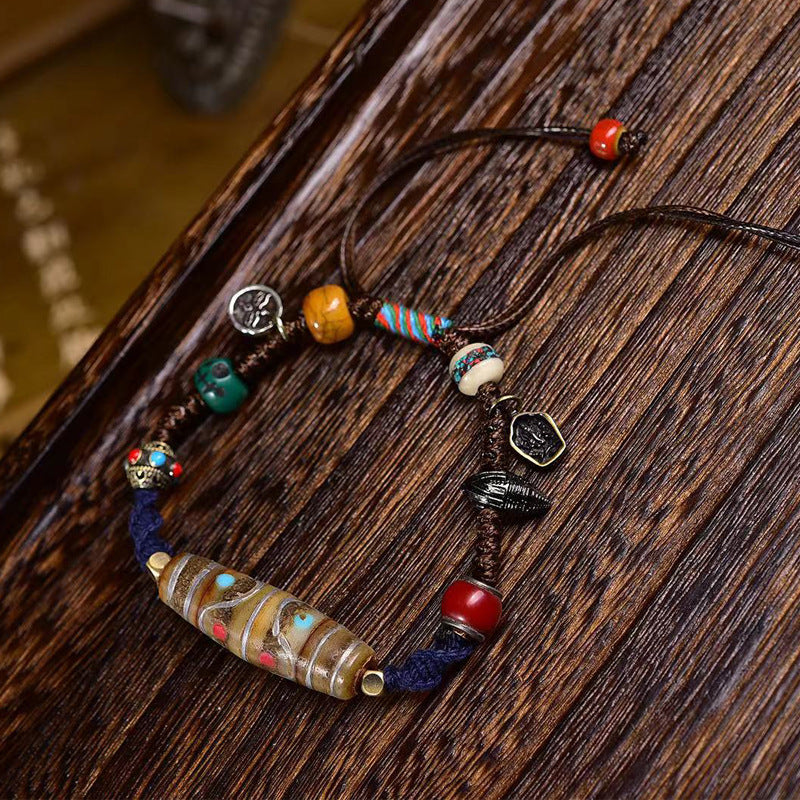Nomadic Charm Bracelet - Handwoven with Vintage Silver & Mystic Dzi Bead