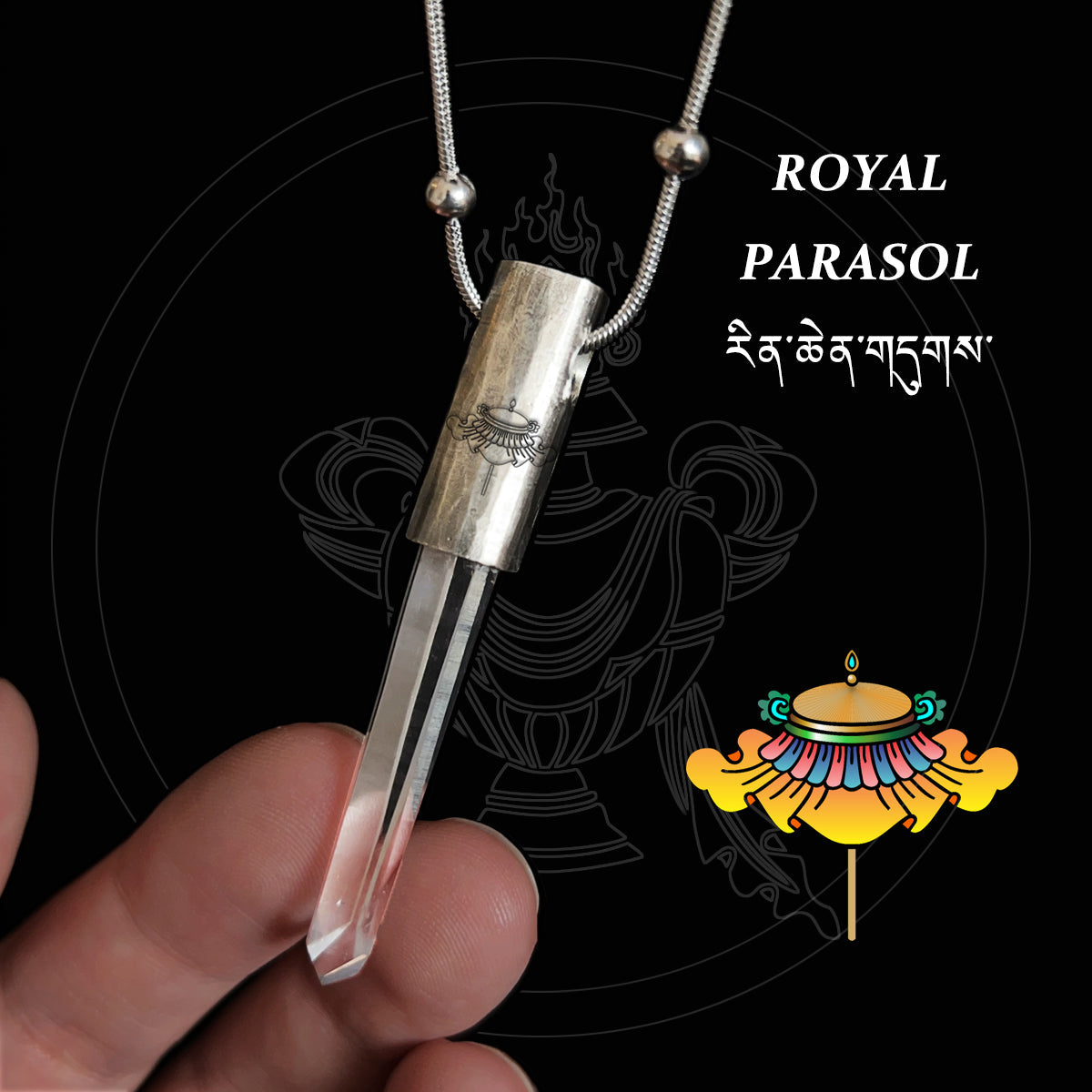 Eight Blessings from Tibet Spiritual Amulet Pendant in Sterling Silver & Crystal Quartz